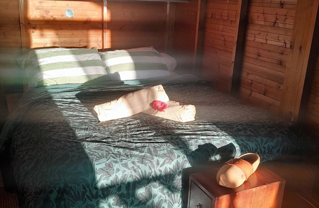 Wooden chalet in the garden with pool access