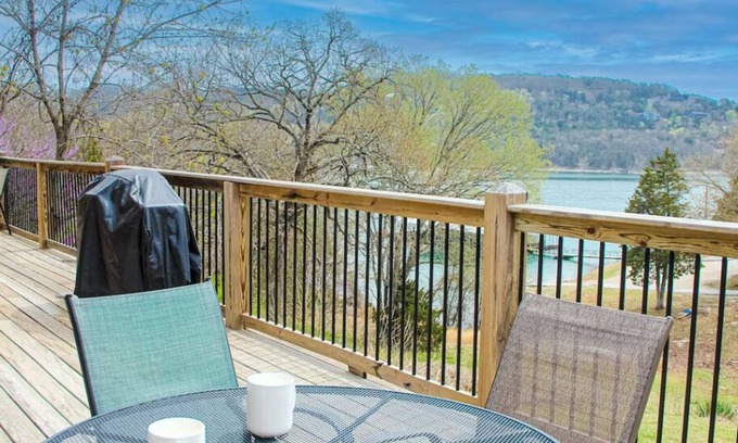 Indian Point Condo | 2BR Waterfront Duplex Cabin w/Pool + Swim & Boat dock