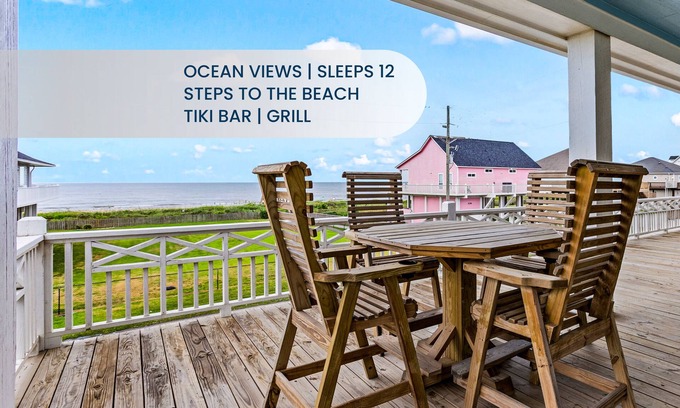 Galveston House | 4BR Seaside Escape | Ocean Views, Tiki Bar, Deck & Private Beach Access for Up to 12 Guests