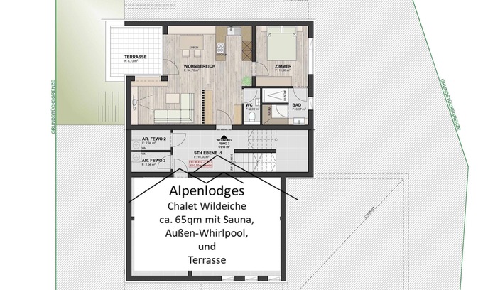 Unterschonau Apartment | Alpenlodges Chalet Wildeiche, 65 qm, Separates Schlafzimmer, Bad, Sauna, Terrasse
