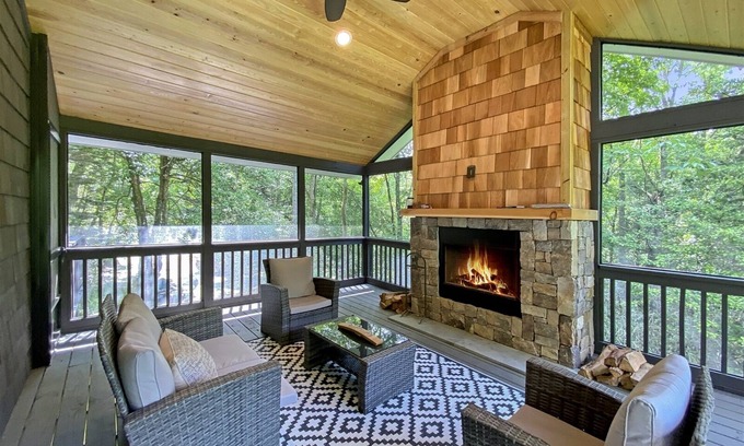 Highlands Cabin | Azalea at Highlands Falls | Screened In Porch With Outdoor Fireplace