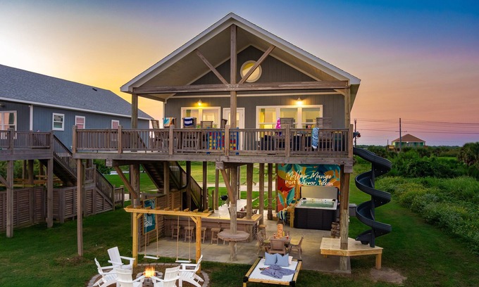 Port Bolivar House | Beachfront Oasis! Swim Spa, Firepit, Slide + More!