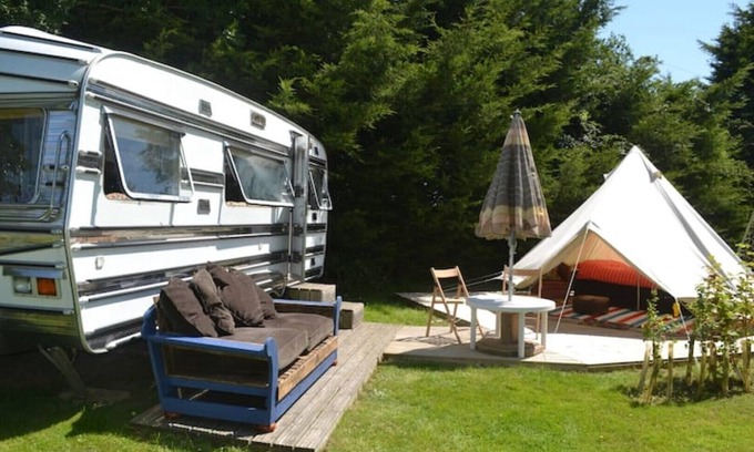 Runham RV Rental | Bell Tent and Chrome Fairground Caravan