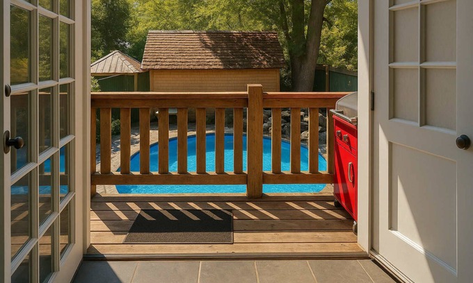 Saanich East Apartment | Charming "Melrose Place" w Pool, Deck & Grill