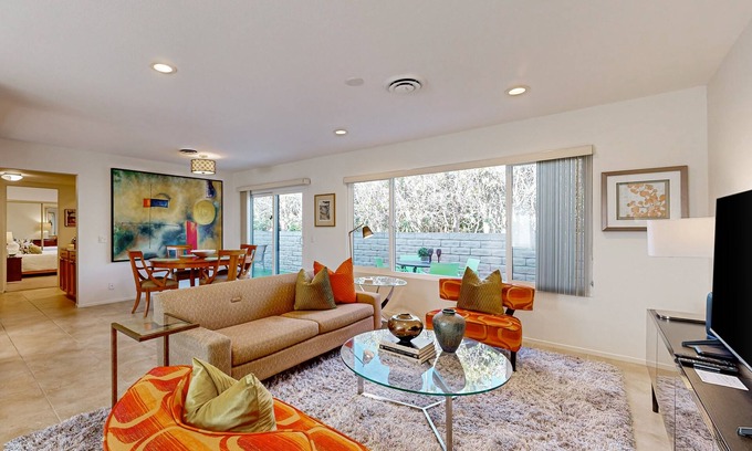 Twin Palms Condo | Chic home with mountain views, patio area & grill, shared pool/hot tub