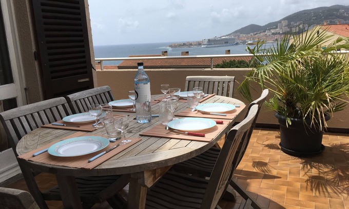 Le Ricanto Apartment | Duplex in Ajaccio, between two beaches, sea view, 7 per, 3 bdrms, 2 bathrms, 3 terraces