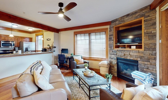 Boone Condo | Enchanting mountain retreat with pools, hot tubs, fireplace, balcony, & WFH area