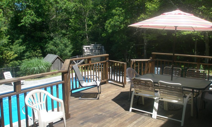 Mashpee House | Inground Pool with patio, large deck, ship playhouse and swing