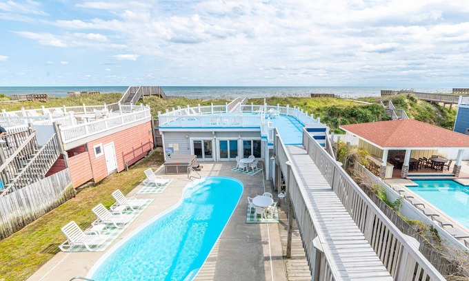 Kill Devil Hills House | K1299 BLUE CRUSH. Oceanfront, Ocean Views, Private Pool, Elevator, Pets OK!