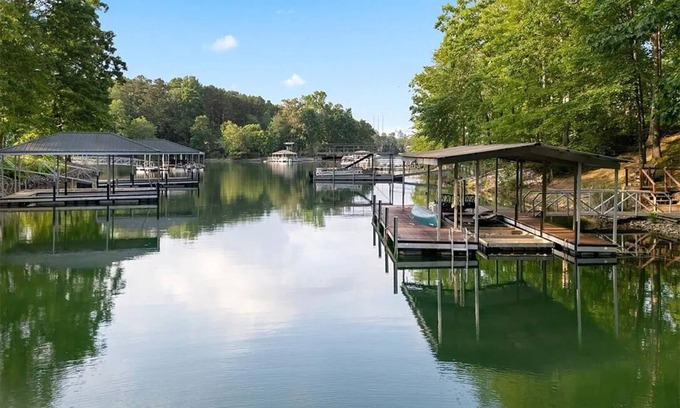 Saxony Forest House | Lake Keowee Waterfront Retreat with Private Dock Nestled in a Deep Water Cove