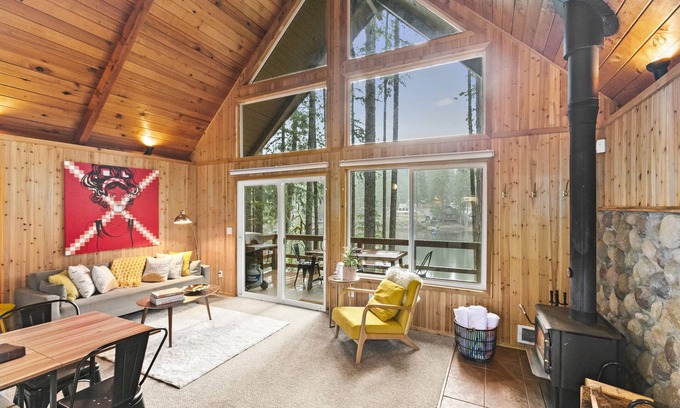 Mason County Cabin | Lakefront A-Frame Cabin with King Beds, Boat, Hot Tub