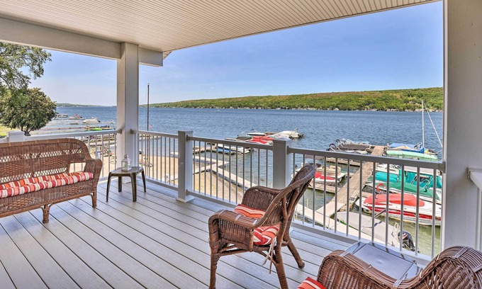 Conesus Apartment | Lakefront Apt w/ Dock: Steps to Dine & Swim!