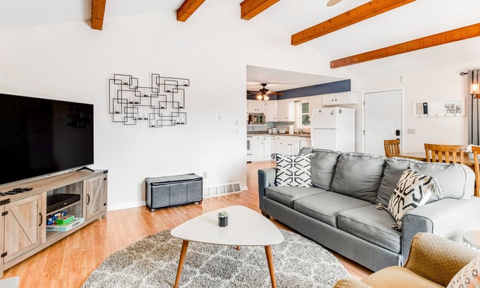 Oxford House | Lakefront home with deck, patio, dock, fire pit, kayak, & gas fireplace