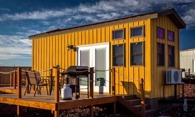 Apple Valley Cabin | Large tiny home with roof private roof top deck and BBQ.