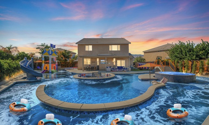 Indio House | LAZY RIVER mini WATERPARK Home, Slides, Basketball Ct, Arcade, 6 Bedrooms