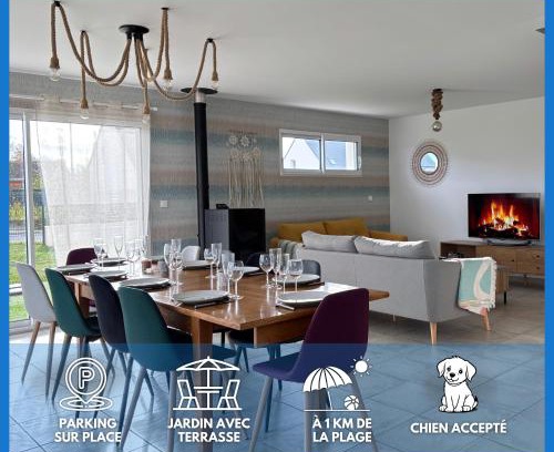 Asnelles House | Les Voiles, maison bien équipée 10 p 2 sdb, 2 WC, spacieuse lumineuse avec jardin clos, garage, terrasse, parking privatif, à 950 m de la plage d'Asnelles et tous commerces, près de Bayeux et Arromanches, chiens bienvenus