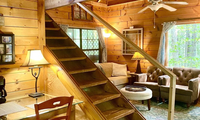 Ellijay Cabin | Log! Tiny home.Pond view.Owner built.Old growth secluded woods yet near town.