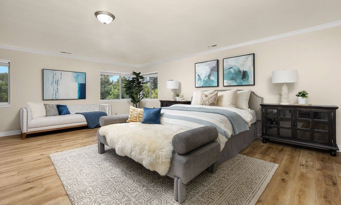 East Pasadena House | Luxurious large master bedroom with separate refrigerator coffee maker bathtub