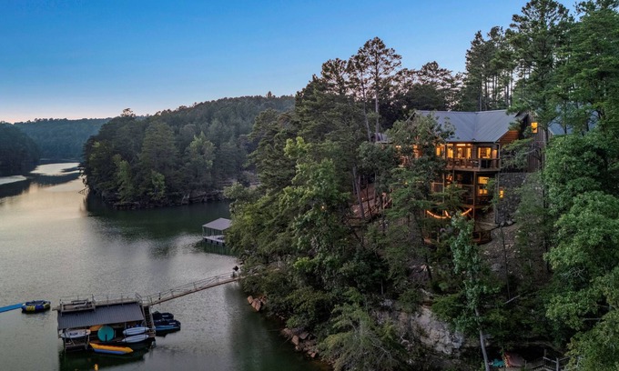 Double Springs House | Luxury Lakefront Home - VIEWS! Hot Tub, 2 Decks, Fire Pit, Theater, Arcade, Dock