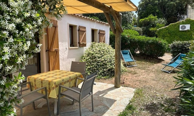 Santa Giulia House | Mini villa sea view with shaded terrace, BBQ access to Santa Giulia Beach on foot