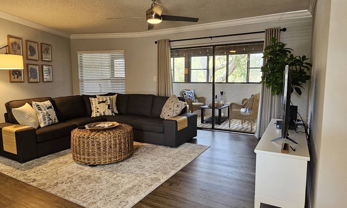 Palm Harbor Condo | Modern Lake Tarpon Condo: King/Queen Beds, Work Desk & Monitors