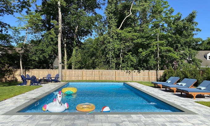 Hampton Bays House | New Beach House! Huge saltwater pool, outdoor shower, < 5 min beach, walk to bay
