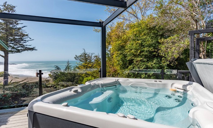 Gualala House | Ocean-view home & studio with hot tub, outdoor kitchen, fire table, wood stove
