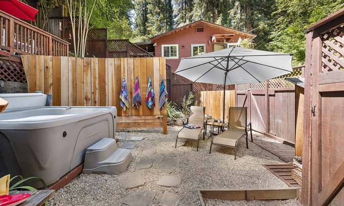 Guerneville Cabin | Salmon House is incredibly family-friendly! Hot tub! Games! Walk to River! Woof!