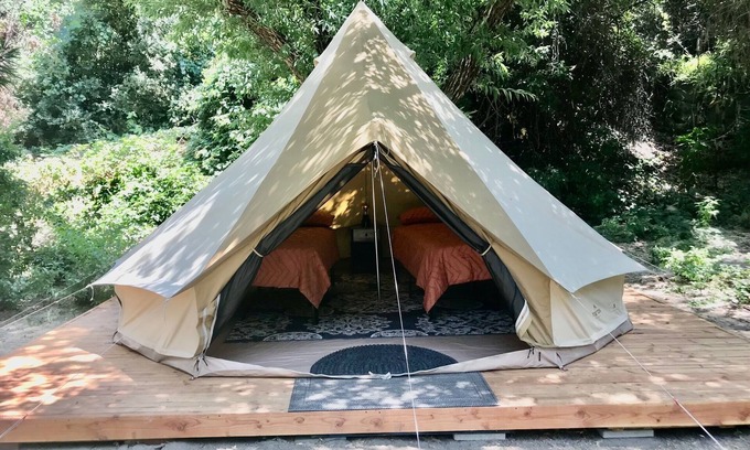 Three Rivers RV Rental | Sequoia Jewel -16 Foot Bell Tent with double beds. 4.5 to Sequoia National Park.