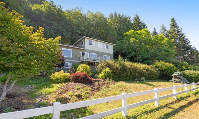 Port Angeles East House | Spacious ocean-view home with forest stream, hot tub, & private community beach