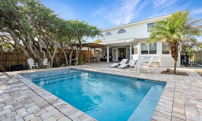 Vilano Beach House | Steps to the beach, heated pool with guest house and courtyard