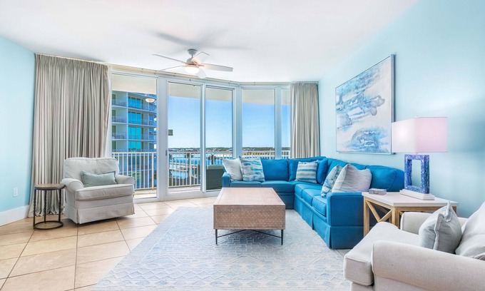 Orange Beach East Condo | Stylish Bayside Condo with Spacious Balcony Overlooking Outdoor Pool Deck. Complimentary Boat Slip!