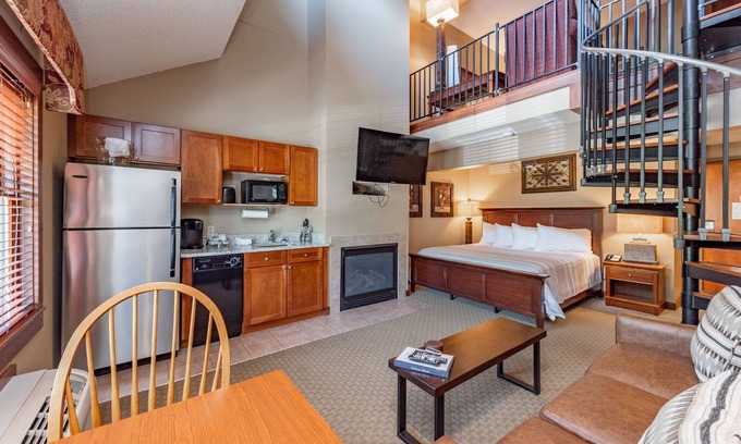 Thayerville Apartment | Suites at Silver Tree A310: Standard view studio & loft, sleeps 6, cozy fireplac
