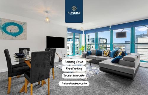 Dundee Apartment | THE PENTHOUSE- INVOICE and REDUCED PRICE only via SUNRISE SHORT LETS DUNDEE, Spacious, Stunning Views, Foosball Table, 3 Large Rooms, Central Location, River Front, 1 Min From Tay Bridge, V&A, Train Station, City Centre, Lift Access, Free Parking & WiFi