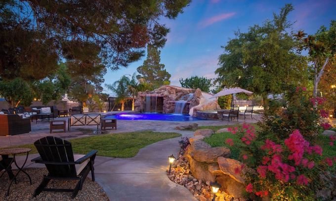 Enterprise House | Vegas Farmhouse Retreat: Waterfall Pool/Spa, Campfire, Sports Court & RV Access