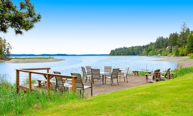 Lakebay House | Waterfront retreat with private beach, cookhouse, hot tub, EV charger, & firepit