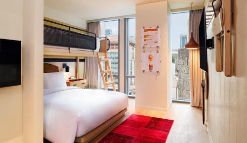 Queen and Single bed in loft and city view
