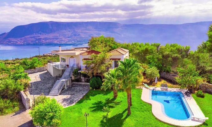 Pitharion Villa | Villa Afroditi near Airport with Pool, Free Wi-Fi, Souda Bay Views, Garden Oasis