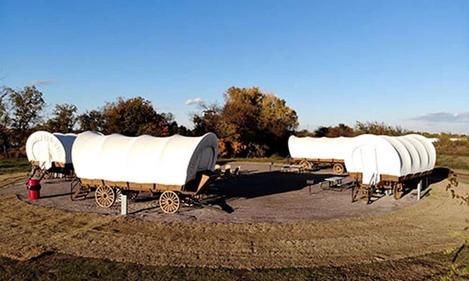 South Oklahoma City House | Rustic Conestoga Glamping Covered Wagon for Amazing Getaways to Oklahoma Farm